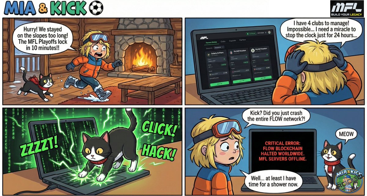 Mia&amp;Kick x MFL : Ep1-Ski hollidays⛷️🆚MFL Playoffs ⚽️

Mia is late, stressed, and managing 4 clubs. She needed a miracle to stop the clock. Be careful what you wish for... 🤐

Mia &amp; Kick's 1st adventure on <a href="/playMFL/">MFL</a> is live! 👇

#MFL #MIAandKICK #Comic