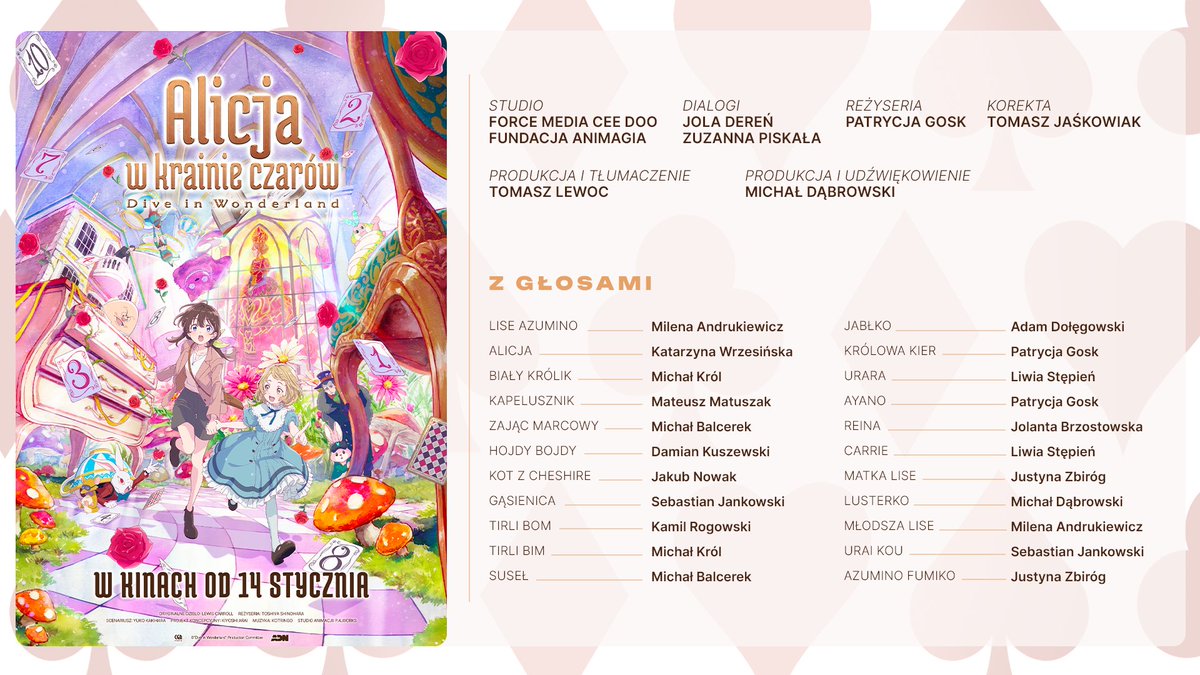 „Alicja w Krainie Czarów: Dive in Wonderland” – obsada i ekipa polskiej wersji językowej!

Dzięki uprzejmości dystrybutora Animation Digital Network ujawniamy twórców polskiego dubbingu filmu!

Animacja trafi do wybranych kin 14 stycznia w oryginale z napisami i dubbingiem.