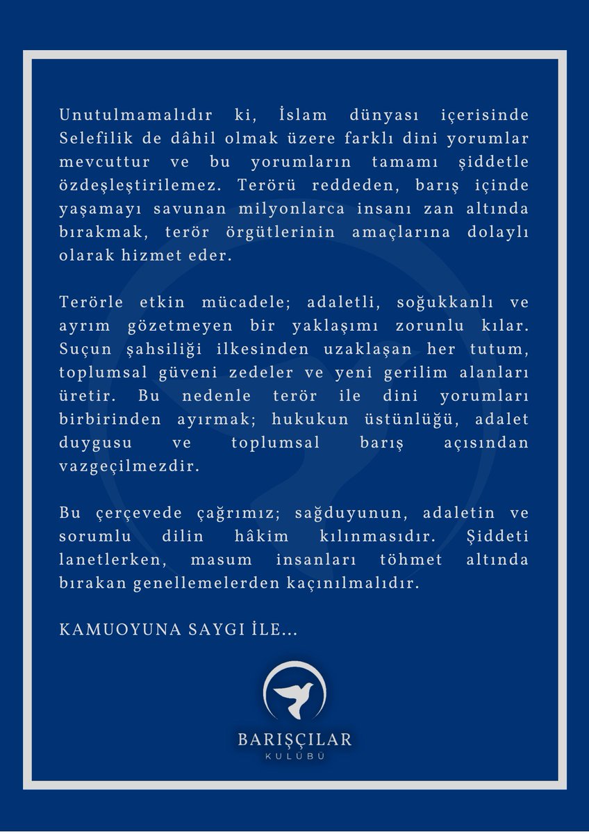 📢 | IŞİD terörünü en güçlü şekilde LANETLİYORUZ!

Bununla birlikte terörle mücadele, adalet ve hukuk temelinde yürütülmeli; masum insanlar genellemelerle hedef alınmamalıdır.

Terörün her türlüsünü lanetliyoruz. Barışın egemen olduğu bir dünyayı savunuyoruz. 🕊️