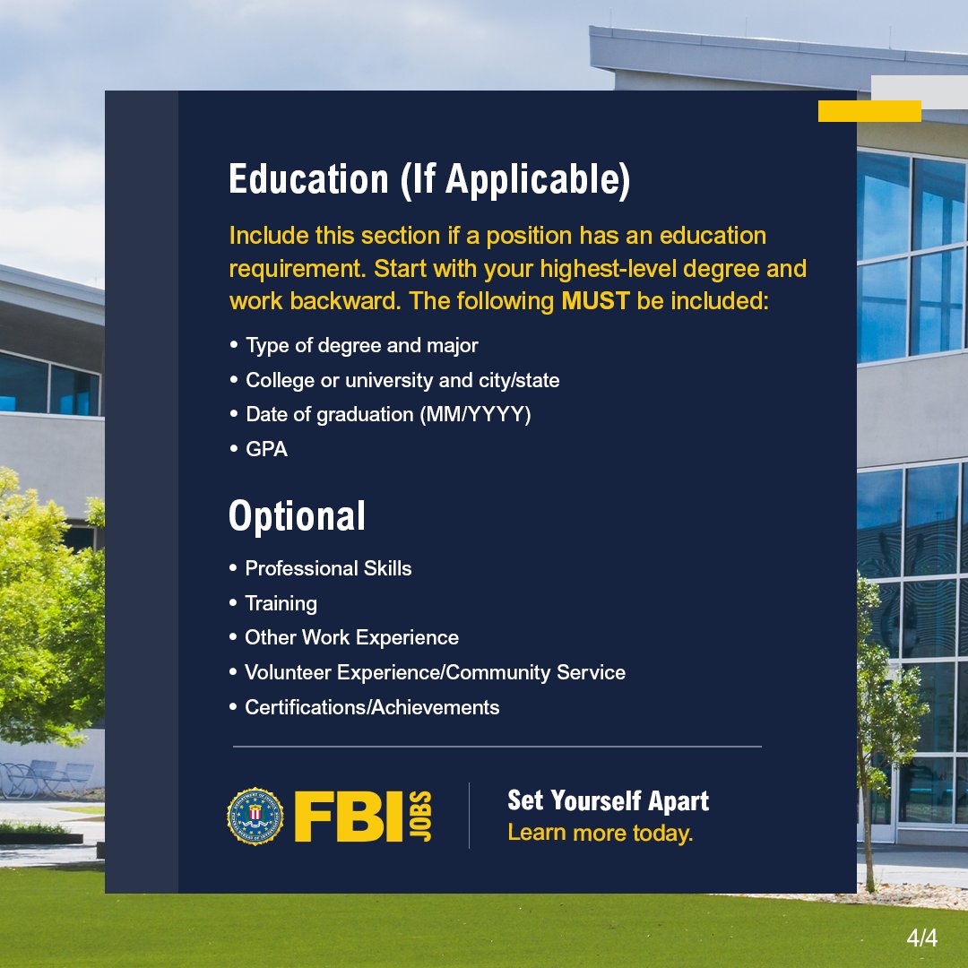 FBIElPaso's tweet image. Every career move begins before an application is ever submitted. Preparing a  strong two-page #federal #resume is the first step towards a meaningful career at the #FBI. Set yourself apart. Learn more today. #FBIJobs #NewYear fbijobs.gov