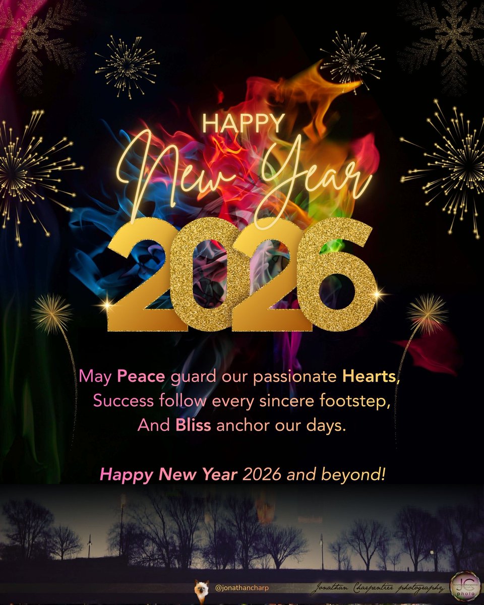 jonathancharp's tweet photo. Wishing you a year of meaningful work, heartfelt connections, and quiet inner growth.

🕊️ May Peace guard our passionate Hearts 🔥
🚀 Success follow every sincere footstep 👣
😊 And Bliss anchor our days 🛸🐱 ✨
💫 Happy New Year 2026 and beyond! 🎉 https://t.co/wYU4qTJfur