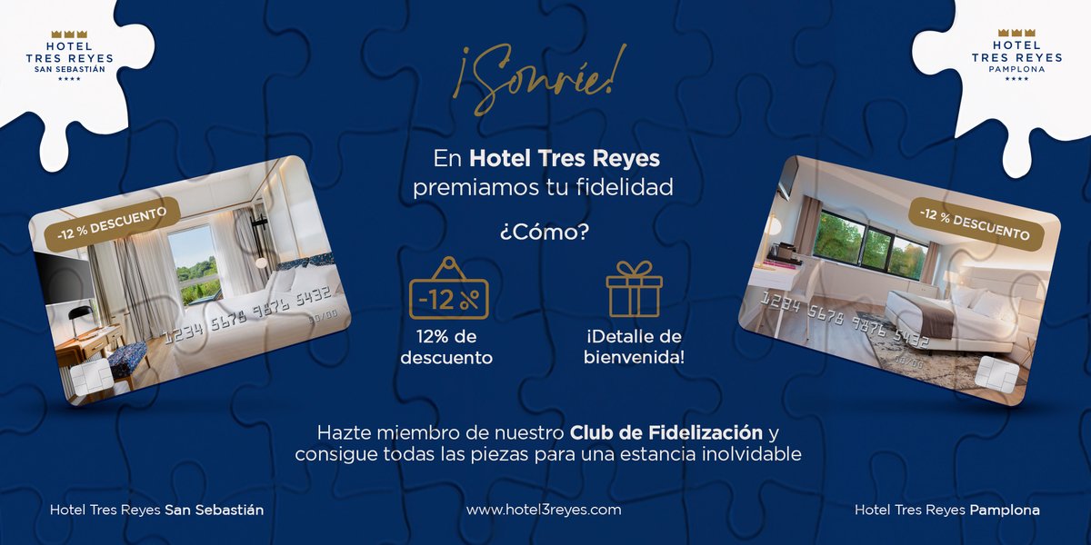 ¿Aún no eres parte del club? 🤫 Únete al programa de fidelización de #HotelTresReyes y consigue un 12% de descuento EXCLUSIVO en todas tus reservas para #Pamplona o #SanSebastián. ¿A qué esperas?🤩

bit.ly/ClubH3R 
#Navarra #Donostia #SomosTuHotel #TanTranquiloTanCerca