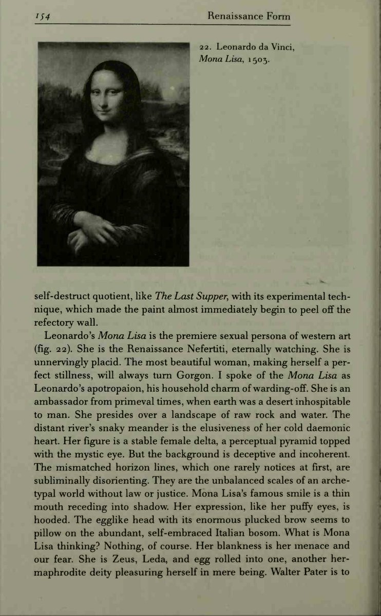 KERCENIM's tweet image. Paglia presents Leonardo da Vinci's Mona Lisa as the defining image of Western art, a figure that blends beauty with dread. she is frozen in a state of eternal watchfulness, her stillness transforming her into a Gorgon-like presence.

drawing on Walter Pater, Paglia also calls…