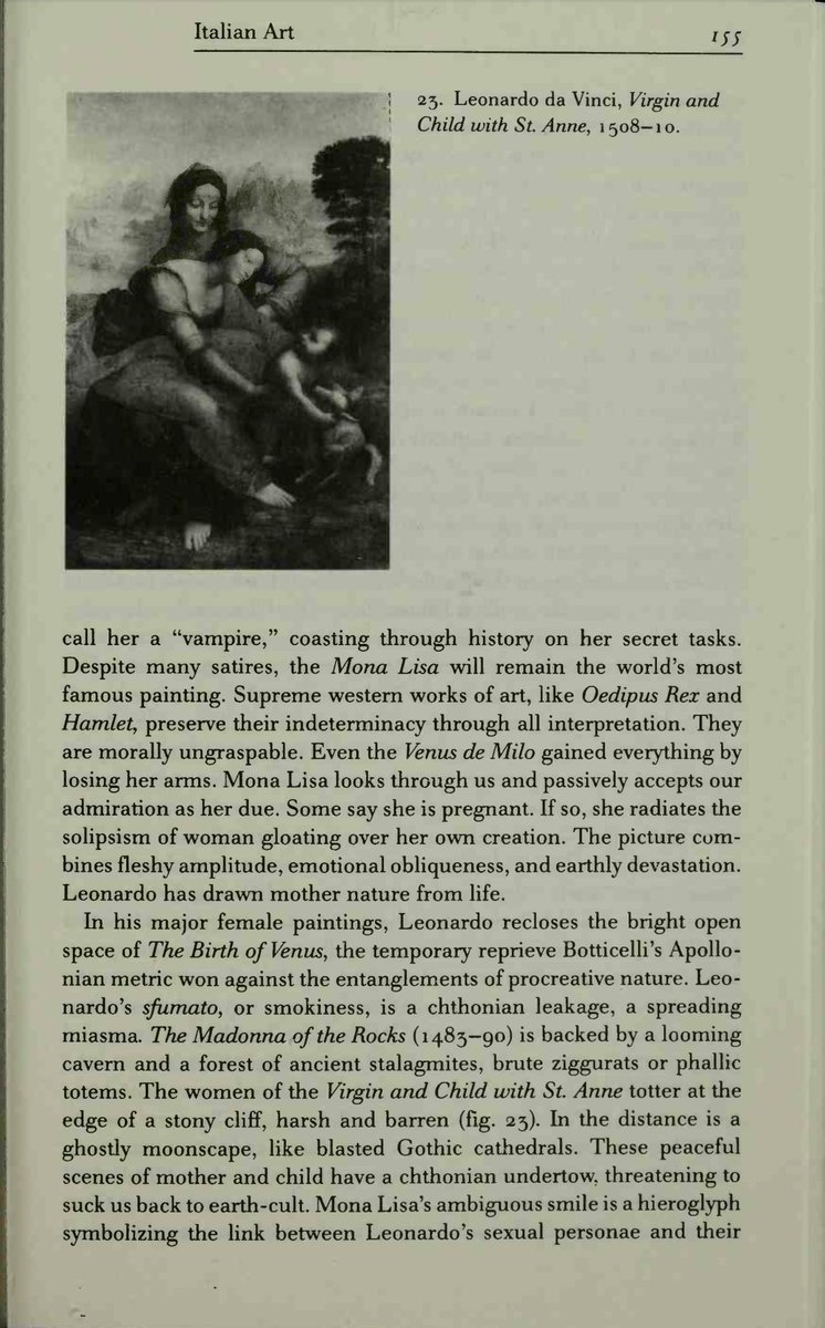 KERCENIM's tweet image. Paglia presents Leonardo da Vinci's Mona Lisa as the defining image of Western art, a figure that blends beauty with dread. she is frozen in a state of eternal watchfulness, her stillness transforming her into a Gorgon-like presence.

drawing on Walter Pater, Paglia also calls…