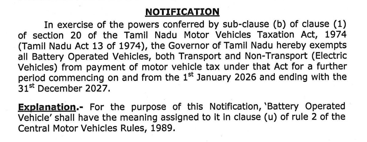 TRBRajaa's tweet photo. #TamilNadu has extended 100% motor vehicle tax exemption for all electric vehicles till 31 December 2027 aligning with our deep rooted sustainability focus ! 

This decision by Honourable @CMOTamilNadu Thiru. @MKStalin avargal   reinforces our commitment to support EV adoption, affordability and manufacturing at scale. This shows how pro-industry our government is ! 

Electric vehicle adoption in Tamil Nadu has already reached 7.8% in 2025, and I do feel there is still a long way to go especially with charging infra and ofcourse making the entire supply greener.

This policy reduces cost for consumers while giving manufacturers long-term certainty.

Even as global markets face volatility and pressure on clean mobility investments, Tamil Nadu keeps its signal clear and stable !

#InvestInTN #BullishOnTN #JobsForTN #DravidianModel