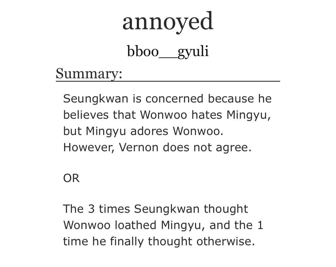 “annoyed”

🍀 verkwan &amp; minwon
🍀 3 + 1, fluff, humor, self-indulgent
🍀 word count: 7,518

🔗 : archiveofourown.org/works/76668371…
