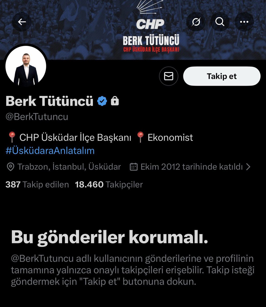 22 yaşındaki genci arabasıyla vuran CHP Üsküdar İlçe Başkanı Berk Tütüncü isimli şahıs açıklama yapmak yerine Twitter’ını gizledi. 

CHP’deki tüm yetkililere 2 gündür bu olayı soruyorum 1 tanesi bile umursamadı. Bu iki yüzlülüktür. 

Hiçbir belge veya bilgi paylaşımı yapmıyorlar.