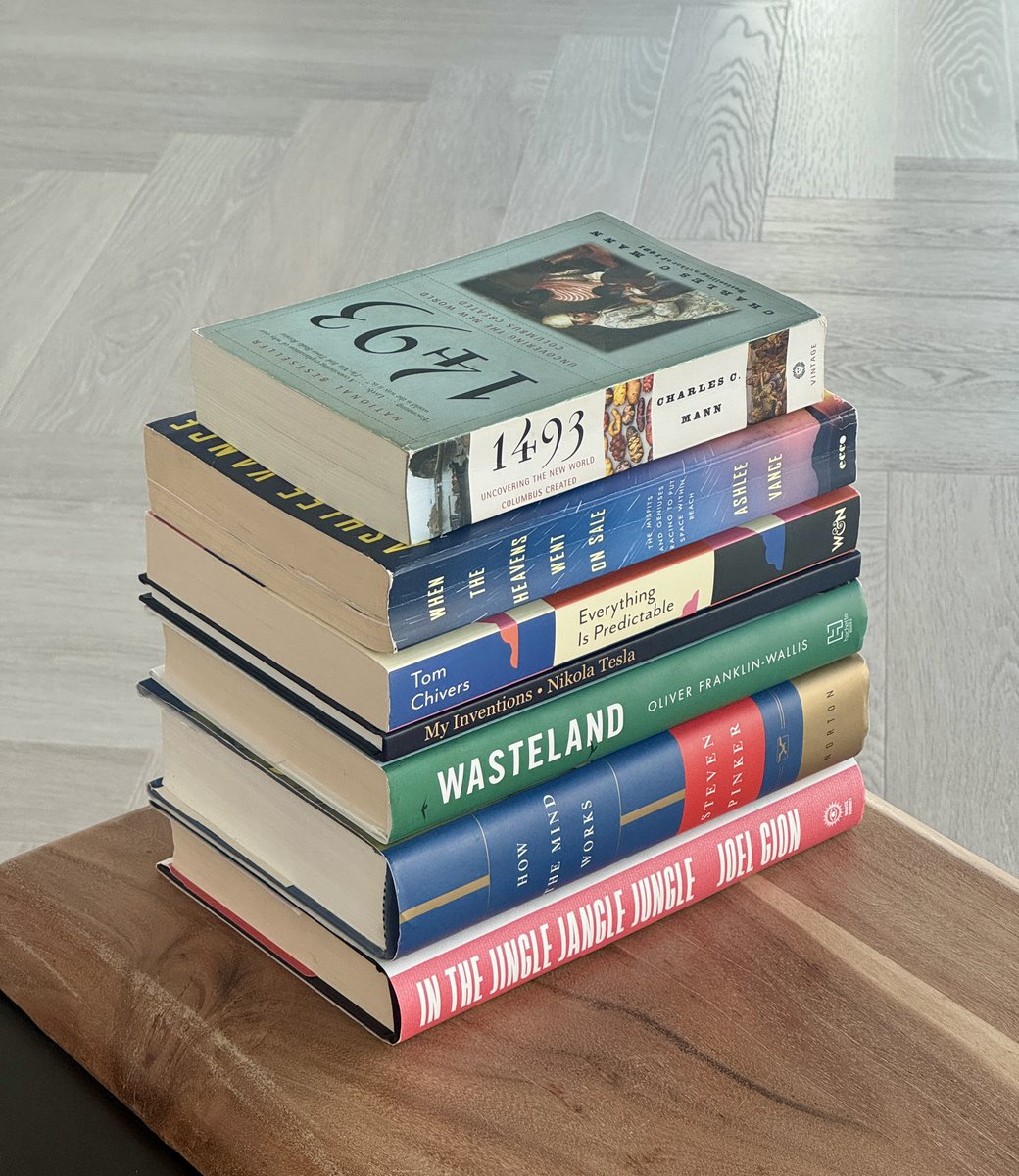 BoyanSlat's tweet photo. 📚Favorite books I read this year:

When the Heavens Went on Sale by @ashleevance
Few things inspire me more than stories of founders doing ambitious things. This book tells the stories of Planet Labs, Rocket Lab, Astra, and Firefly in a gripping way.

Everything Is Predictable by @tomchivers
Those who work closely with me know that I’m a big advocate for Bayesian reasoning, so of course I had to read this. I then bought 10 copies to keep on my desk for whenever I end up in Bayesian vs. frequentist arguments.

My Inventions by Nikola Tesla
Although I’ve read a Tesla biography before, this autobiography gave me a better understanding of his personality and an even greater appreciation for how accurate many of his predictions about the future were.

Wasteland by @olifranklin
While many environmental books feel like they’re pushing an agenda, I appreciated the objective tone of this one. It takes the reader on a global tour of how humanity deals with its waste, from landfills to wastewater treatment plants.

How the Mind Works by @sapinker
Steven is one of my all-time favorite authors, yet there were still a few of his older books I hadn’t read. I once again learned a ton about psychology and human nature.

1493 by @CharlesCMann
I think I’ve already recommended all of this author’s other books, but that won’t stop me from recommending this one too. The unintended consequences of the Columbian Exchange lead to endlessly fascinating stories.

Into the Jingle Jangle Jangle by Joel Gion
I’ve long been a fan of the psychedelic rock band The Brian Jonestown Massacre. This memoir by its legendary tambourine player is extremely chaotic and very funny at the same time.