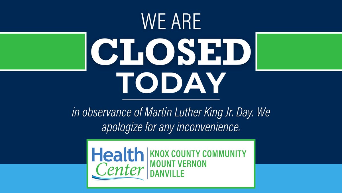 KCCHealthCenter's tweet photo. All locations of the health center are CLOSED TODAY, Monday, January 19th, for MLK Jr. Day. We will reopen tomorrow at 8am.

We apologize for any inconvenience and thank you for your understanding.

#KCCHealthCenter #MLKDay2026 https://t.co/6FLxGjcC7Y