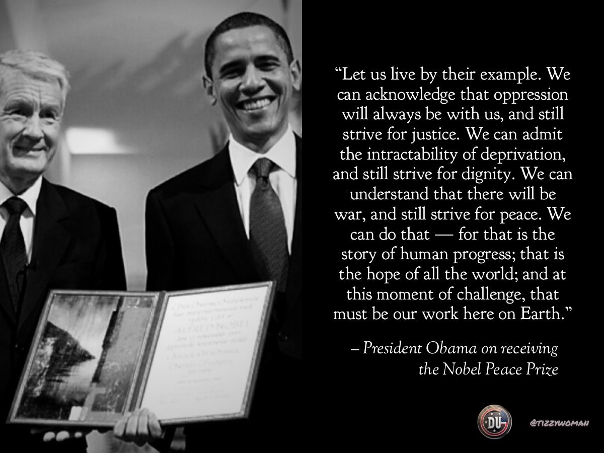 tizzywoman's tweet image. It’d be a shame if this picture of @BarackObama receiving the Nobel Peace Prize went viral for no particular reason. 😇

#DemsUnited