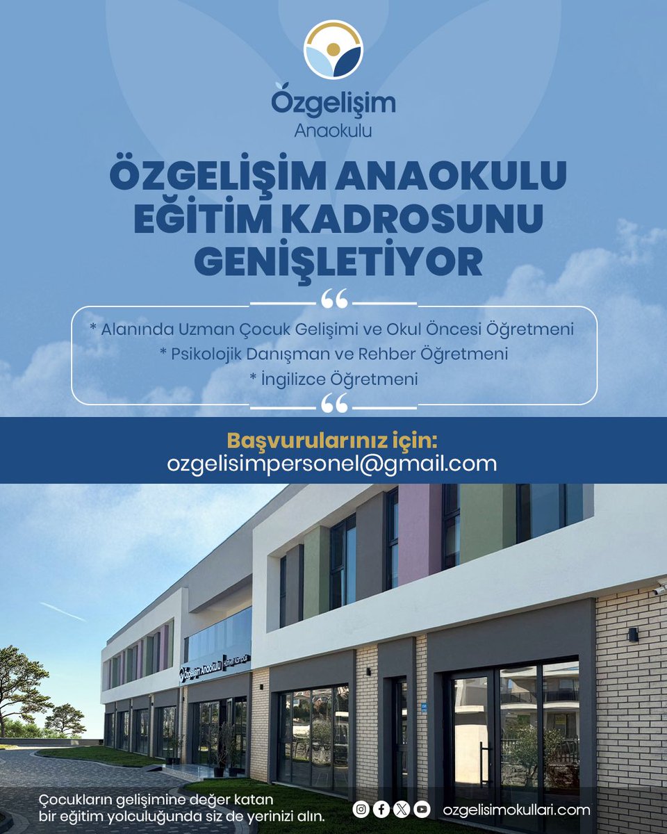Eğitime gönül veren, çocukların dünyasına sevgiyle dokunan yeni ekip arkadaşları arıyoruz. 🌱

📌 Başvurularınız için:
ozgelisimpersonel@gmail.com