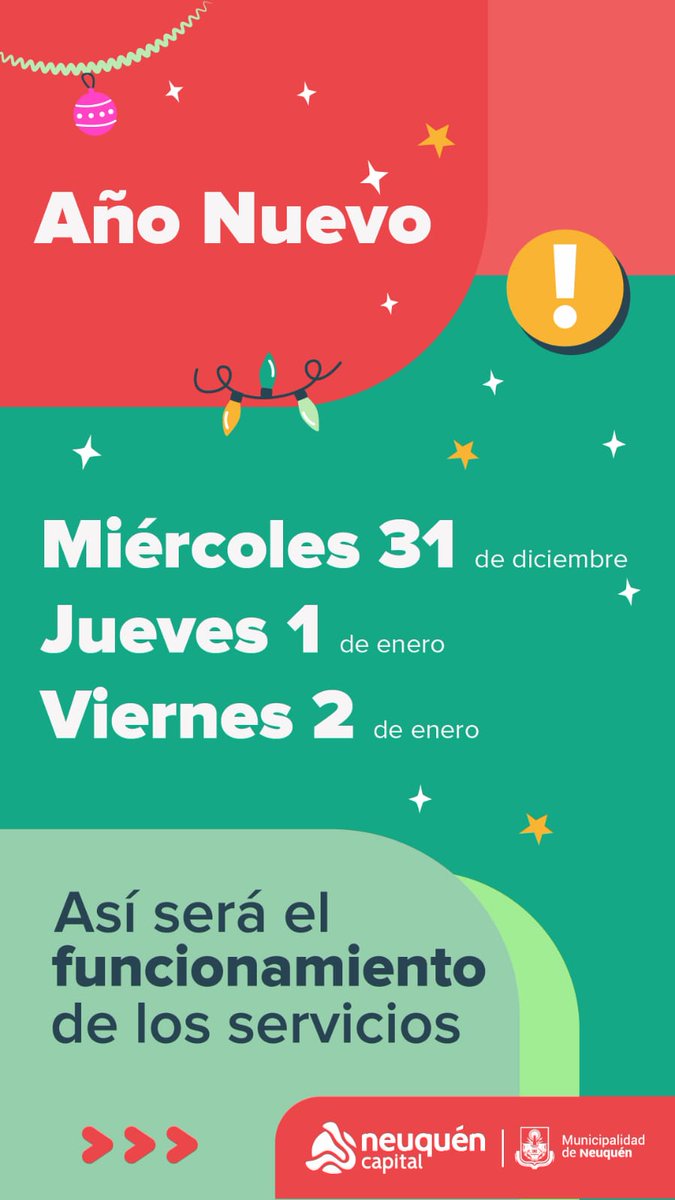 147Neuquen's tweet photo. Así será el funcionamiento de los servicios municipales en la #CiudadDeNeuquén durante AÑO NUEVO 🎊🎉
@munineuquen
La Línea 147 Atención al Ciudadano: miércoles 31 y jueves 1 sin funcionamiento. Viernes 2 de enero operativa de 8 a 15hs. ☎️ https://t.co/g0KVxCFyIQ