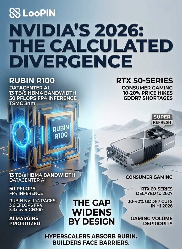 loopin_network's tweet photo. Nvidia's 2026 roadmap exposes a calculated divergence. $loopin

Rubin R100 delivers 13 TB/s HBM4 bandwidth and 50 PFLOPS FP4 inference per package on TSMC 3nm. Consumer RTX 50-series gets Super refreshes and 10-20% price hikes amid GDDR7 shortages. https://t.co/bWHoN08rX9