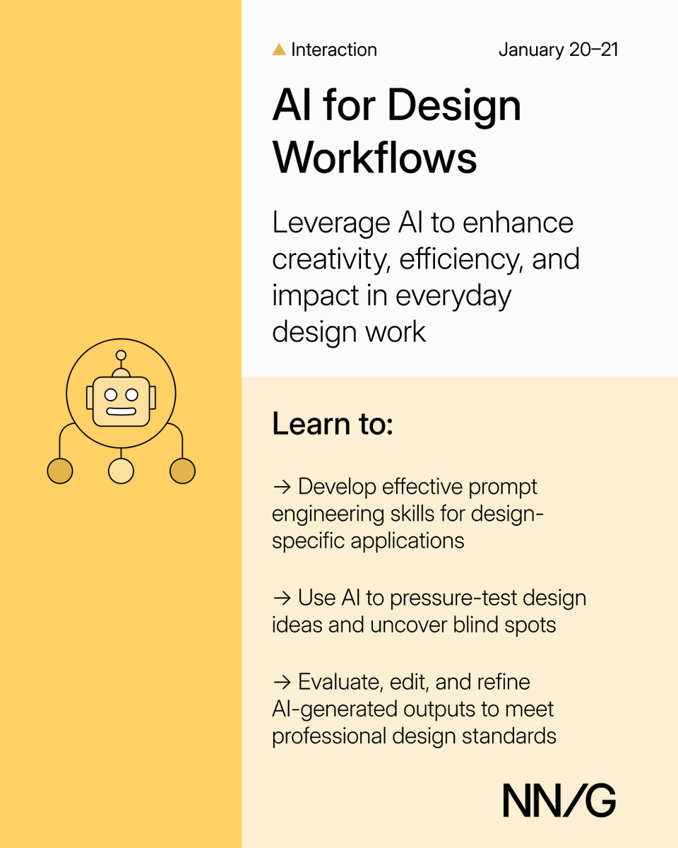 NNgroup's tweet image. Everyone's experimenting with AI. But are you using it strategically?
Our January courses help you work smarter with AI — not just faster.

bit.ly/3VO5Ya2

#UXDesign