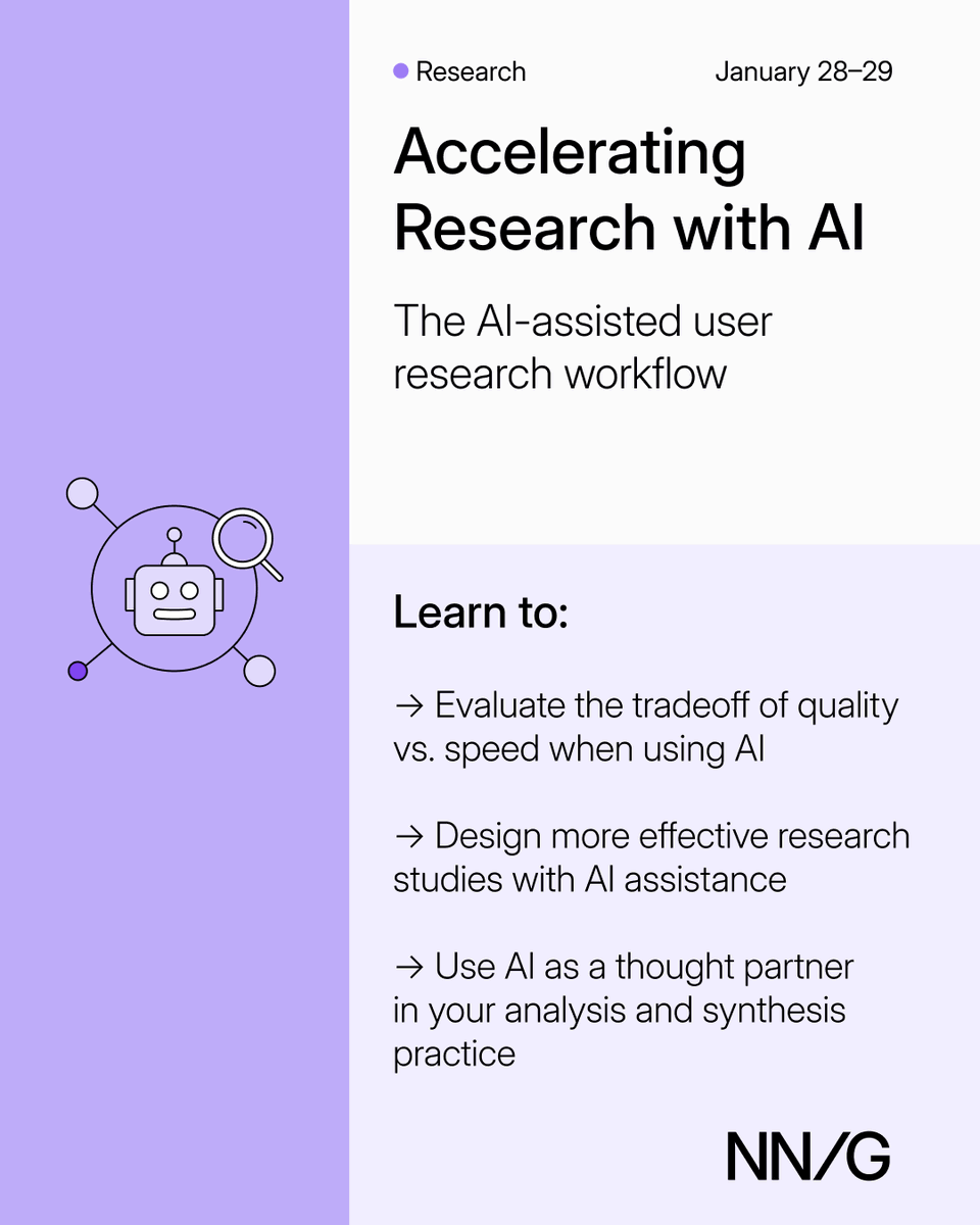 NNgroup's tweet image. Everyone's experimenting with AI. But are you using it strategically?
Our January courses help you work smarter with AI — not just faster.

bit.ly/3VO5Ya2

#UXDesign