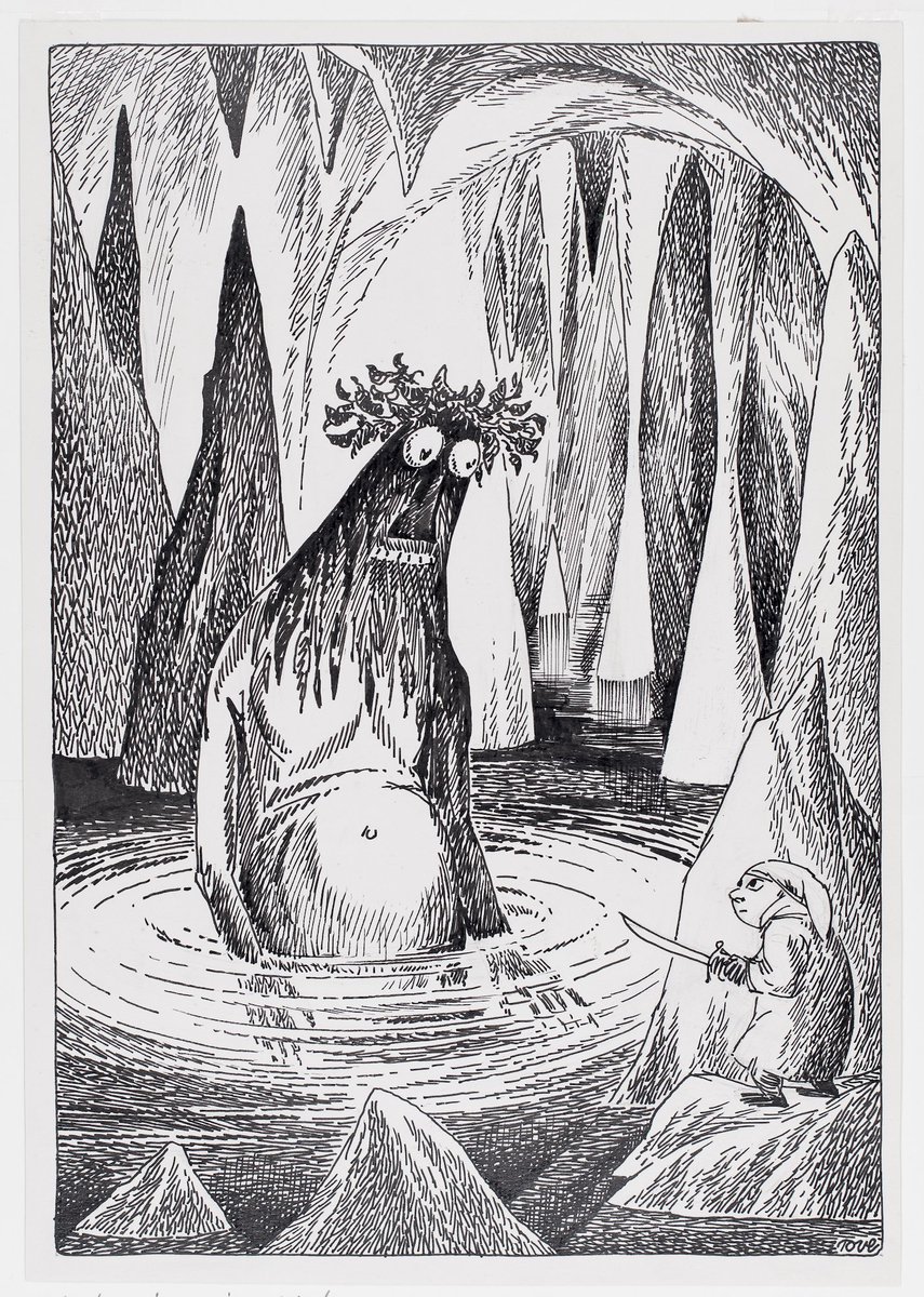 Dit is hoe de beroemde illustrator Tove Jansson (bedenker van de Moemins)  in 1960 Gollum tekende in The Hobbit. Tolkien ontdekte dat hij nergens in  de tekst had gezegd hoe groot Gollum, image size:855x1200