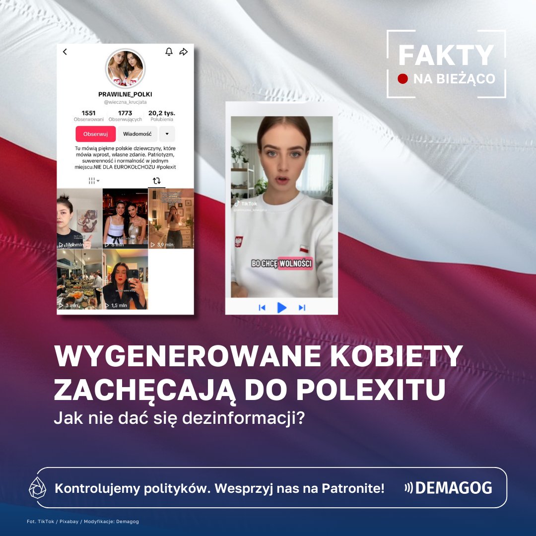 DemagogPL's tweet photo. #FaktyNaBieżąco

📱 W sieci pojawiły się nagrania na których młode dziewczyny krytykują politykę migracyjną i obecny rząd. Zostały one opublikowane na Tiktoku na koncie o nazwie „Prawilne_Polki”.

👀 Jednak jak wskazują wyniki analizy wykonanej za pomocą narzędzia firmy Hive Moderation, oba te nagrania zostały wygenerowane przez sztuczną inteligencję. Obecnie treści te, jak i profil na którym zostały opublikowane, zniknęły z serwisu społecznościowego.

📣 Aleksandra Wójtowicz z Polskiego Instytutu Spraw Międzynarodowych wskazuje, że skrajna prawica celowo wykorzystuje wizerunek młodych kobiet, by skuteczniej docierać do tej grupy. Podkreśla, że kobiety są kluczowym wektorem zmiany politycznej.

🔎 Więcej w analizie: https://t.co/Zat9KlOrtN