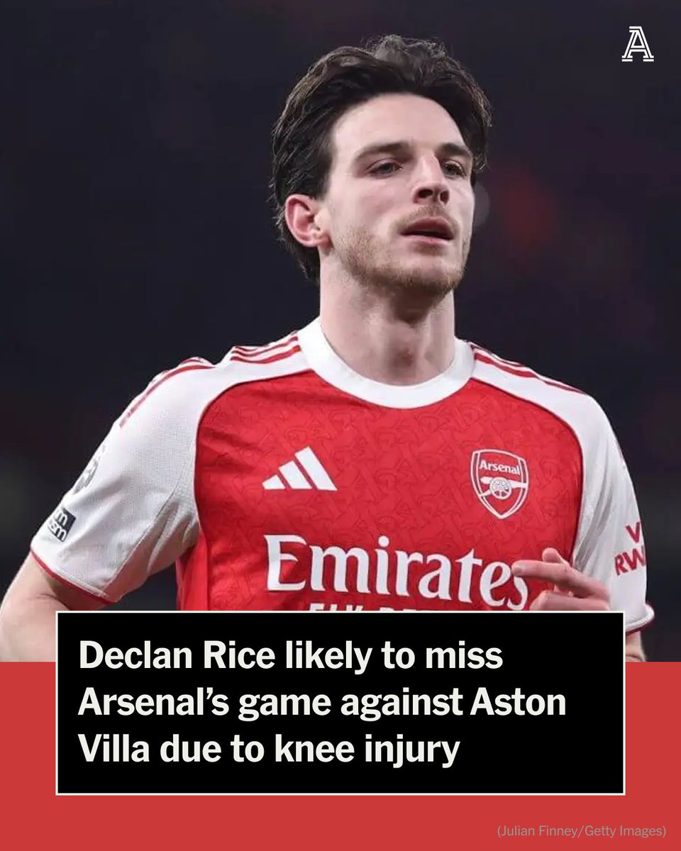 TheAthleticFC's tweet image. Declan Rice is expected to miss Arsenal’s match against Aston Villa on Tuesday evening after sustaining a knee injury in Saturday’s 2-1 victory over Brighton &amp;amp; Hove Albion.

Rice, who started the game at right-back, picked up a knee issue during the match but was able to play on…