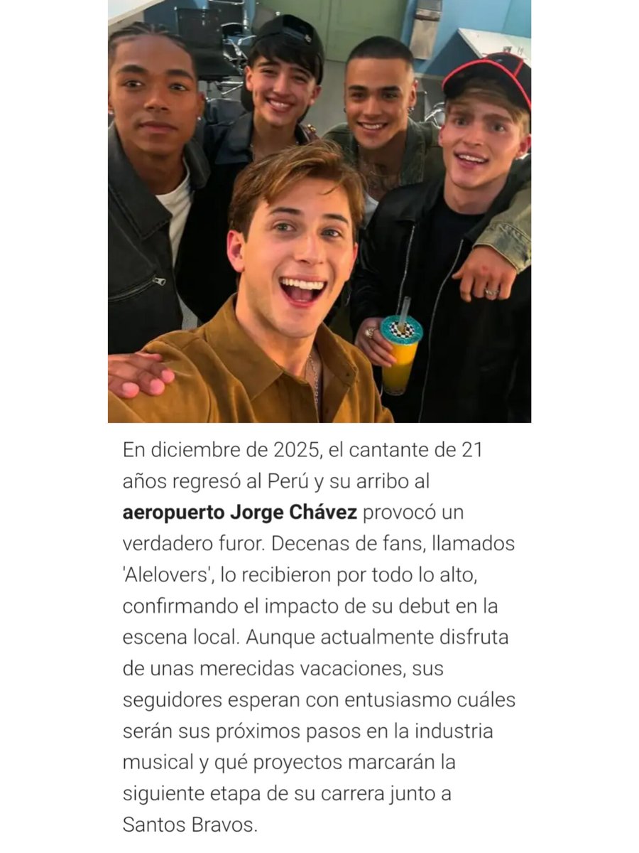 AleburuProjects's tweet photo. 📰 PRENSA PERUANA YA RECONOCE A ALEJANDRO COMO EL PRÍNCIPE DE LATINOAMÉRICA 👑🌎

En el portal web del periódico @larepublica_pe, se ha publicado un artículo sobre Alejandro presentándolo por primera vez con el famoso título que el público le ha asignado.

── De cantar en las calles a ser el "Latin Prince". Alejandro Aramburú se consolida como una estrella tras su debut en Santos Bravos. ✨

── El cantante no sólo conquistó al público por su talento, sino también por su carisma, versatilidad como actor y la disciplina que mostró en el reality que definió la formación del grupo. 🎤🎶

── Su regreso al Perú tras el lanzamiento confirmó el impacto que su carrera está teniendo, pues una multitud de seguidores lo recibió en un abarrotado Aeropuerto Jorge Chávez. ✈️

Lee la nota completa aquí:
🔗 [https://t.co/0IYEj3FoM3]

#AlejandroAramburu #SantosBravos 
@santos_bravos