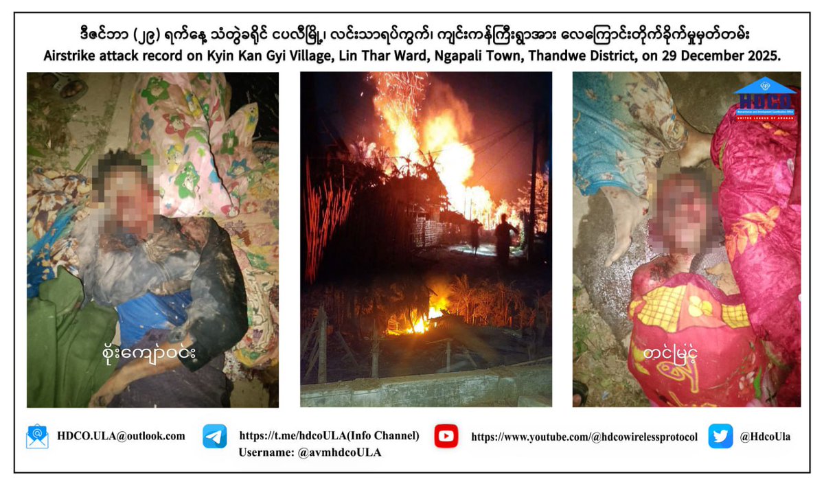 HdcoUla's tweet photo. (Myanmar Version)

အာရက္ခပြည်အတွင်း ဆက်လက်ဖြစ်ပွားနေသော လေကြောင်းတိုက်ခိုက်မှု __
အကြမ်းဖက်စစ်ကော်မရှင်လေတပ်မှ ငပလီမြို့အား ပေါင် (၅၀၀) ဗုံး လေးလုံးဖြင့် ဗုံးကြဲတိုက်ခိုက်

ဒီဇင်ဘာလ (၃၀) ရက်, ၂၀၂၅ ခုနှစ်

စစ်ရှုံးအကြမ်းဖက်စစ်ကော်မရှင်သည် ၂၀၂၅ ခုနှစ် ဒီဇင်ဘာလ ၂၈ ရက်နေ့တွင် ပြုလုပ်ခဲ့သော ရွေးကောက်ပွဲအပြီး နောက်တစ်နေ့ ဒီဇင်ဘာ (၂၉) ရက်နေ့ ညနေအချိန် (၈) နာရီခန့်တွင် သံတွဲခရိုင် ငပလီမြို့၊ လင်းသာရပ်ကွက်နှင့် ကျင်းကန်ကြီးရွာကို လေကြောင်းမှ ( ၂ ) ကြိမ်တိုင်တိုင် ပေါင်း (၅၀၀) ဗုံးလေးလုံး ကြဲချတိုက်ခိုက်ခဲ့ပါသည်။

ထိုလေကြောင်းတိုက်ခိုက်မှုကြောင့် အသက် (၃) နှစ်အရွယ် ကလေးငယ်တစ်ဦးအပါအဝင် အပြစ်မဲ့ပြည်သူ (၉) ဦးသေဆုံးခဲ့ပြီး (၁၄) ဦး ဒဏ်ရာရရှိကာ လူနေအိမ် (၂၃) ဆောင် မီးလောင်ပျက်စီး ဆုံးရှုံးခဲ့ရပါသည်။

ထို့အပြင် ဒီဇင်ဘာလ (၂၅) ရက် ခရစ္စမတ်နေ့တွင်လည်း သံတွဲမြို့နယ်၊ ရပ်ရှည်ကျေးရွာအား လေကြောင်းတိုက်ခိုက်ခဲ့မှုကြောင့် အသက် (၅၅) နှစ်အရွယ် အမျိုးသမီးတစ်ဦး သေဆုံးခဲ့ရပါသည်။

အကြမ်းဖက် စစ်ကော်မရှင်သည် အာရက္ခဒေသအတွင်း လေကြောင်းတိုက်မှုများကို စနစ်တကျ၊ ဆက်တိုက်၊ ပိုမိုပြင်းထန်စွာ အရှိန်မြှင့် လုပ်ဆောင်လျက်ရှိပြီး အရပ်သားပြည်သူများ နေထိုင်ရာ နေရာများကို တိုက်ရိုက်ပစ်မှတ်ထား တိုက်ခိုက်နေခြင်းဖြစ်ပါသည်။

ဤလုပ်ရပ်များသည် သီးခြားဖြစ်စဉ်တစ်ခုမဟုတ်ဘဲ၊ အစီအစဉ်ချထားပြီး ထပ်တလဲလဲ ကျူးလွန်နေသော တိုက်ခိုက်မှုများဖြစ်ပြီး အပြစ်မဲ့ပြည်သူများ၏ အသက်၊ လုံခြုံမှုနှင့် အိုးအိမ်များကို ပြင်းထန်စွာခြိမ်းခြောက် ဖျက်ဆီးနေသည့် လူသားချင်းစာနာမှုအကျပ်အတည်း တစ်ရပ်လည်း ဖြစ်ပါသည်။

ထို့ကြောင့် နိုင်ငံတကာအသိုင်းအဝိုင်းများအနေဖြင့် ဤလူသားချင်းစာနာမှုအကျပ်အတည်းကို  မျက်ကွယ်မပြုဘဲ အရေးယူဆောင်ရွက်မှုများပြုလုပ်ပေးရန် အာရက္ခပြည်သူများနှင့်အတူ လေးနက်စွာတောင်းဆိုပါသည်။

(English Version)

Ongoing Airstrikes in Arakkha Region: Military Council’S Air Force Bombarded Ngapali Town Using Four 500-Pound Bombs

December 30, 2025

The defeated and increasingly violent Military Council force carried out systematic airstrikes in Arakkha region. On December 28, 2025, a national election was held. The very next day, on December 29 at approximately 8:00 PM, Military Council aircraft conducted two consecutive air raids targeting Lin Thar Ward and Kyin Kan Gyi Village in Ngapali Town, Thandwe District, dropping four 500-lb aerial bombs.

As a result of these airstrikes:
• 9 innocent civilians were killed, including one 3-year-old child
• 14 civilians were injured
• 23 residential houses were burned and destroyed

In addition, on December 25, Christmas Day, Military Council force also launched an airstrike in Rat Shay Village, Thandwe Township, killing a 55-year-old woman.

These attacks are not isolated incidents, but part of a deliberate, repeated, and intensifying military strategy, in which the Military Council is directly targeting civilian-populated areas. The continuous escalation of air assaults has created a severe humanitarian crisis, gravely threatening the lives, safety, and homes of innocent civilians.

Therefore, we, together with the people of Arakkha, urgently and solemnly call on the international community not to ignore this crisis, and to take immediate and meaningful action to stop these repeated atrocities and protect civilian lives.

#MyanmarJunta #Airstrikes #IHL #WarCrime #CrimeAgainstHumanity #Arakan #Rakhine

Contact (ဆက်သွယ်ရန်): HDCO.ULA@outlook.com/ https://t.co/XqlS792KrX @ULAHDCOAVM  https://t.co/5O3WMljUx5  https://t.co/eyXSHpoj4b