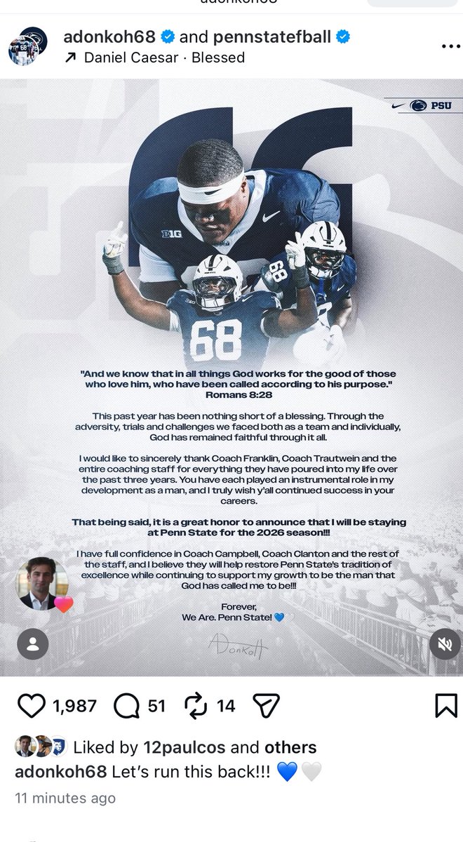 LAlenstein's tweet image. Anthony Donkoh announces his return to Penn State for 2026. Has been a starter on the offensive line the last two years.