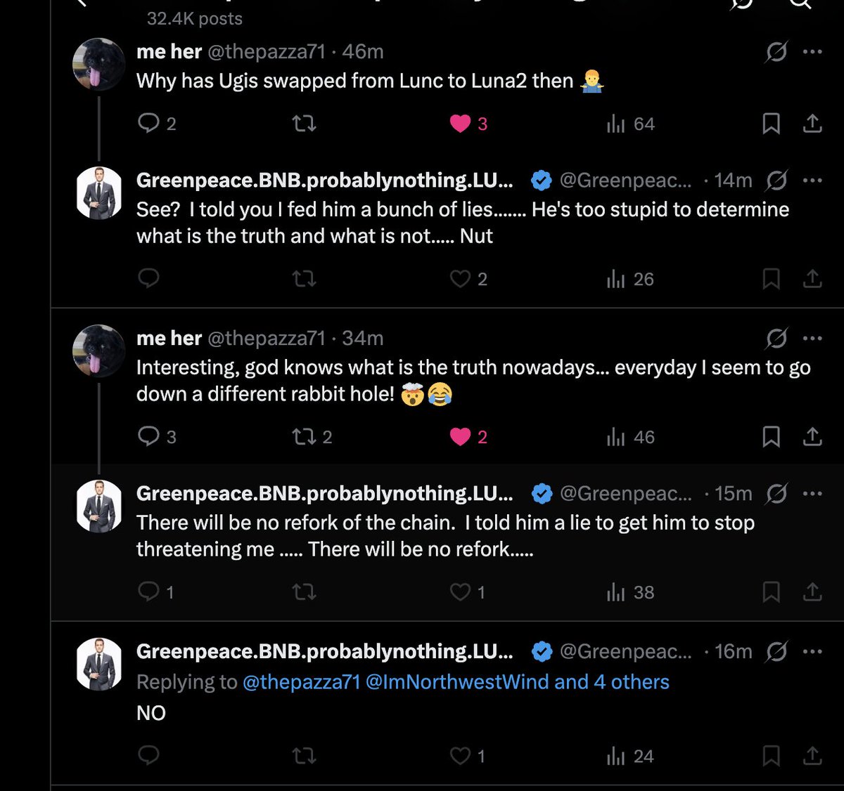 Greenpeace0609_'s tweet image. DO NOT pay @Greenpeace06_09 for "secret info" regarding his now admittedly FAKE "Binance Terra Luna (LUNC) Recovery Plan". He will take your money and block you when you ask questions. You're welcome, see below. Must be nothing....