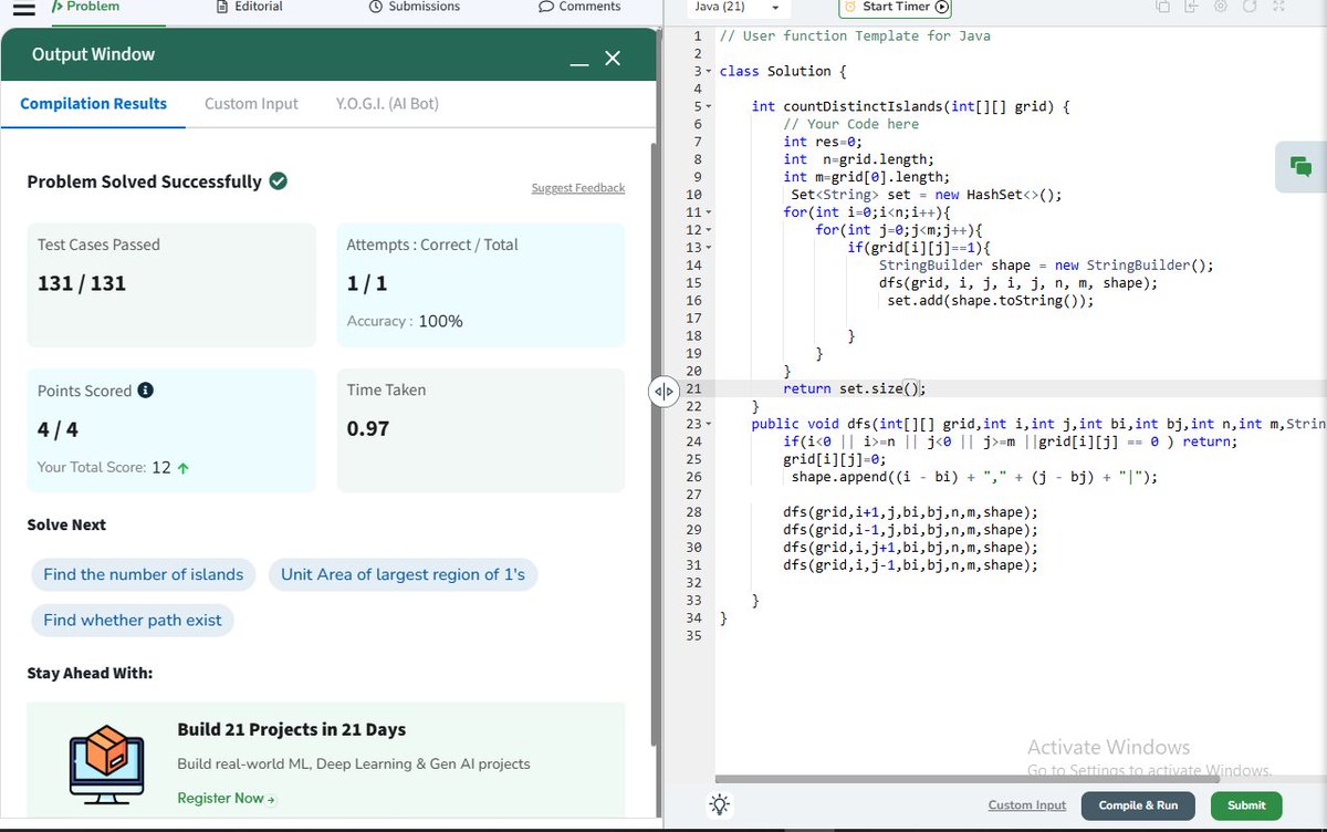 SheshiVardhan34's tweet photo. log 30
--solved distint islands count
--solved cycles in graphs
--solved rotten oranges and its patterns.
completed graph patterns
#DSA
#Graphs
#GraphAlgorithms
#LeetCode
#ProblemSolving
#CodingJourney
#SoftwareEngineering
#CSStudents
#DailyCoding
#100DaysOfCode https://t.co/zDC6CxJCF3