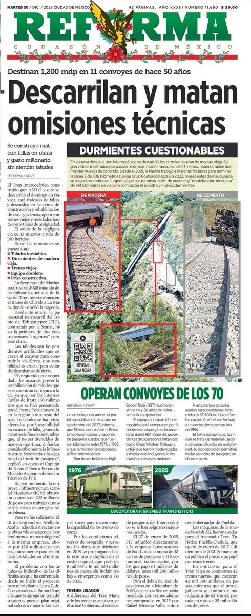 En la curva donde se descarriló el Tren Interoceánico había durmientes de madera vieja, revelan videos de pasajeros.

A unos metros, durmientes nuevos de concreto: parches, no seguridad.

La corrupción y la negligencia no solo descarrilan trenes: cuestan vidas

📷 Reforma