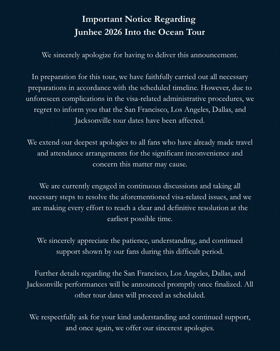 PJH_Updates's tweet image. [📣] OFFICIAL ANNOUNCEMENT FROM OPPANG REGARDING STOPS OF JUNHEE's US TOUR IN: 

‼️SAN FRANCISCO 
‼️LOS ANGELES 
‼️DALLAS 
‼️JACKSONVILLE 

"We sincerely apologize for having to deliver this announcement. In preparation for this tour, we have faithfully carried out all necessary…
