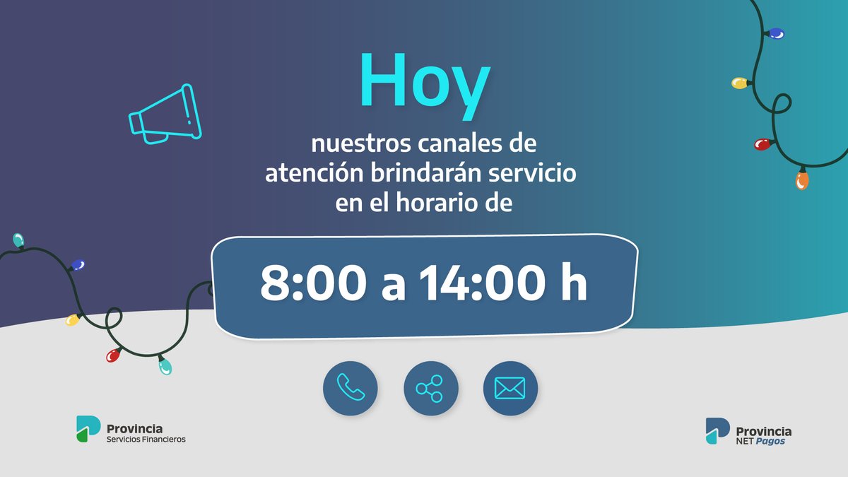 📣 Importante 31/12

📞 Línea telefónica: 0810-666-7768
📧 Correo electrónico: consultas@provincianet.com.ar
📱 Redes sociales

👉 Responderán consultas e inquietudes en horario reducido.

Gracias por tu comprensión.

✨ ¡Felicidades!