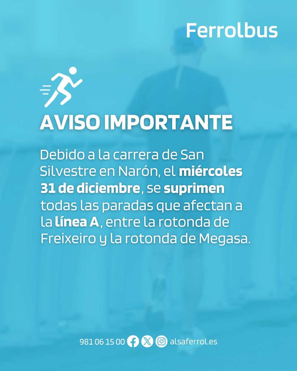 ⚠️ AVISO IMPORTANTE

Debido a la carrera de San Silvestre en Narón, el miércoles 31 de diciembre, se suprimen todas las paradas que afectan a la línea A, entre la rotonda de Freixeiro y la rotonda de Megasa.

#FerrolBus