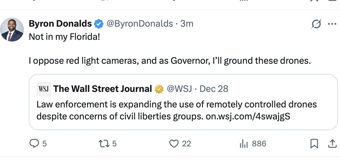 FishbackRapid's tweet image. BREAKING: After getting fact checked by James Fishback for claiming he "protected Florida from red light cameras", @ByronDonalds removed his post.