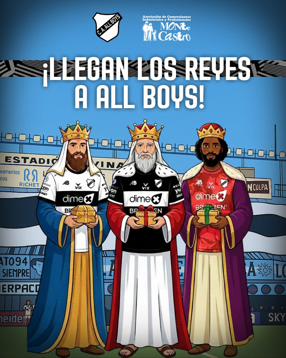 caallboys's tweet photo. ✨👑 ¡LLEGAN LOS REYES A ALL BOYS! 👑✨

¿Pasto para los camellos? TENEMOS 🤣🐪🐫🐪

🌱🏟️ Llevate tu pasto del Estadio Islas Malvinas para esperar a los Reyes ✨

Invitamos a todas las familias del club a participar del recorrido de Reyes por Av. Álvarez Jonte, organizado por la Asociación de Monte Castro 💫

🤴🤴🏽🤴🏿 Los Reyes Magos visitarán el barrio para compartir una jornada llena de magia, alegría y sorpresas.

📸 ¡Sacate fotos con ellos!
🎁 ✨ Una experiencia única para las y los más chicos
🛍️ Aprovechá descuentos en @AlboShop 

🗓️ Lunes 5 de enero

👉 El recorrido inicia a las 17:00 hs. desde Av. Álvarez Jonte 5400

📍 Finaliza en All Boys: Jonte y Mercedes
🕡 18:30 hs – llegada de los Reyes al club

Una jornada especial para compartir en familia, disfrutar juntos y vivir el verdadero espíritu del Día de Reyes ✨

¡Los esperamos!

🤍🖤 #SoyDeAllBoys 🖤🤍