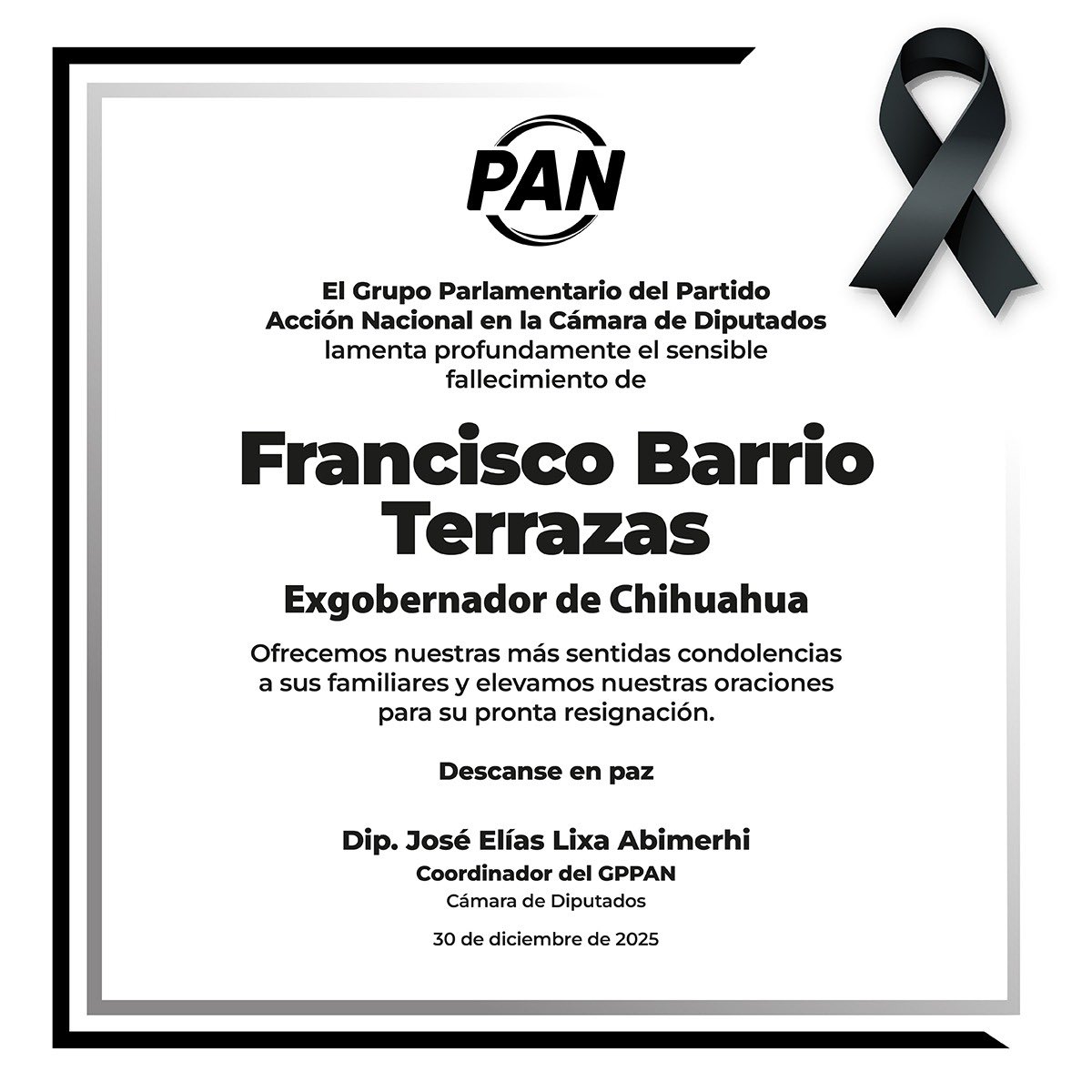 eLiasLixa's tweet photo. Lamento el fallecimiento de don Pancho Barrio, gran persona y gran político. Testimonio de la incansable lucha por la democracia.

Su legado como gobernador es faro y en @diputadospan atesoramos su labor como coordinador.

Se nos va un grande de @AccionNacional.

Descanse en Paz. https://t.co/QdAfcudGKL