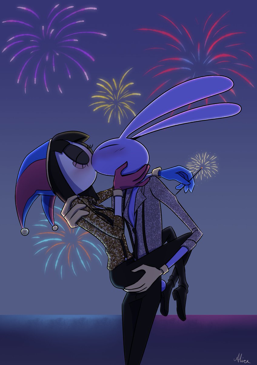 screaming_alice's tweet photo. And with that 2025 is ending. 🎇
Oh boy, what a year, especially the last three/four months. 
What a wild journey but I couldn't be happier with how things turned out.
I feel so comfortable in this fandom and still have so many ideas to draw. 
For a first time in a long time I'm feeling positive about the new year and what it might bring. 
Love you all and see you next year. ❤️💙💜

(Psst, there will be a NSFW Version of this picture later tonight🤭)
#TADC #funnybunny #pomni #jax #TheAmazingDigitalCircus