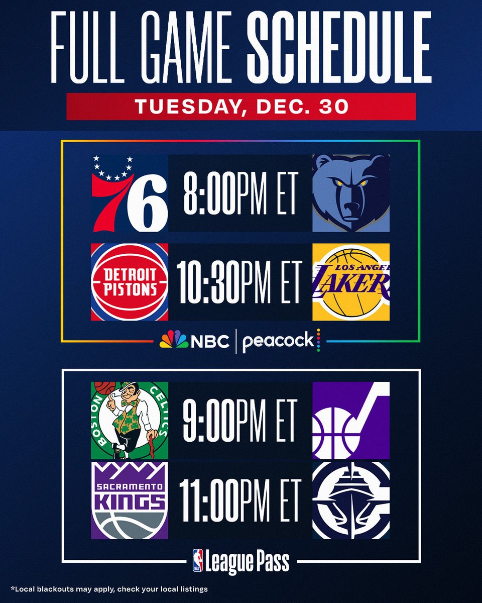 Coast 2 Coast Tuesday headlines a 4-game slate!

🏀 #3 scorer Maxey, PHI visit JJJ, MEM
🏀 East #3 BOS vs. UTA, going for 3 straight
🏀 LeBron, LAL host DET on 41st birthday
🏀 LAC seek 5 straight with Kawhi fresh off career-high 55p

📺NBC/Peacock &amp; NBA League Pass
📲