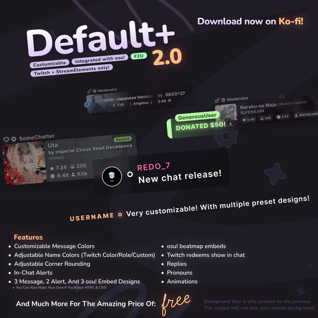 ━  F2U Chat Release!【 Default+ 2.0 】💬 

✦ Comes with an osu! integration for displaying beatmap cards!

It's finally time to push this thing out with more features than ever! A refresh of the previous design, compact messages, old and new alerts, osu! embeds!

DL below ⬇️