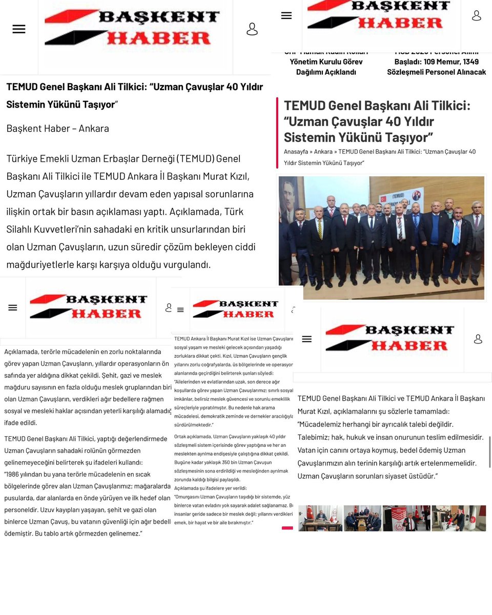 TEMUD Genel Başkanımız Sayın Ali Tilkici’nin “Uzman Çavuşlar 40 Yıldır Sistemin Yükünü Taşıyor” başlıklı açıklamalarına yer vererek, #UzmanÇavuş camiamızın haklı mücadelesini kamuoyuna duyuran Başkent Haber ailesine ve değerli gazeteci Nuri ŞAHİN’e teşekkür ederiz.

Gerçeğin,