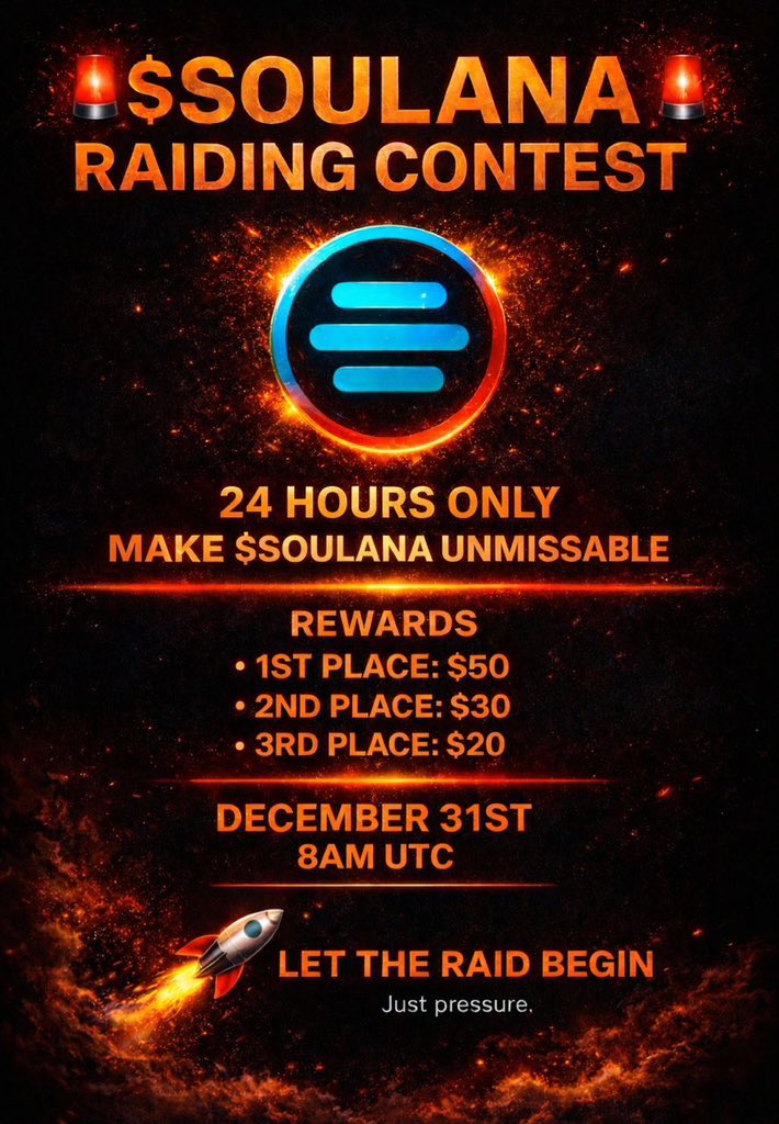 $SOULANA Raiding Contest: 24 Hours of Pure Fire! 

Get ready, Solana fam! The $SOULANA Raiding Contest is here, a high-energy, limited-time event designed to make $SOULANA absolutely unmissable across the crypto space.

Event Details:
- Duration: 24 hours only!
- Start Time: