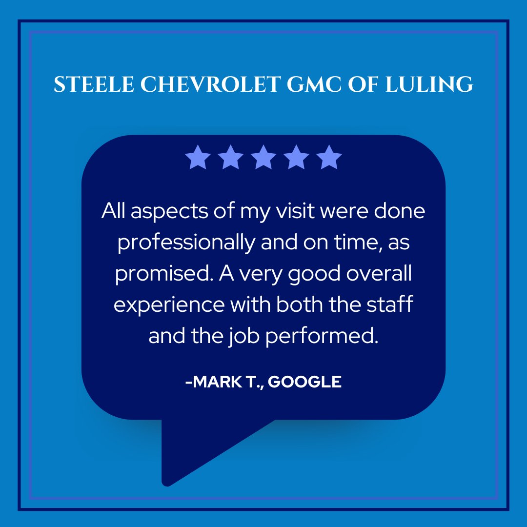 LulingChevrolet's tweet photo. Mark, thank you for taking the time to leave such a positive review! We're thrilled to hear that your experience was both professional and timely. We truly appreciate your feedback and look forward to serving you again in the future! https://t.co/YxX35osG9G