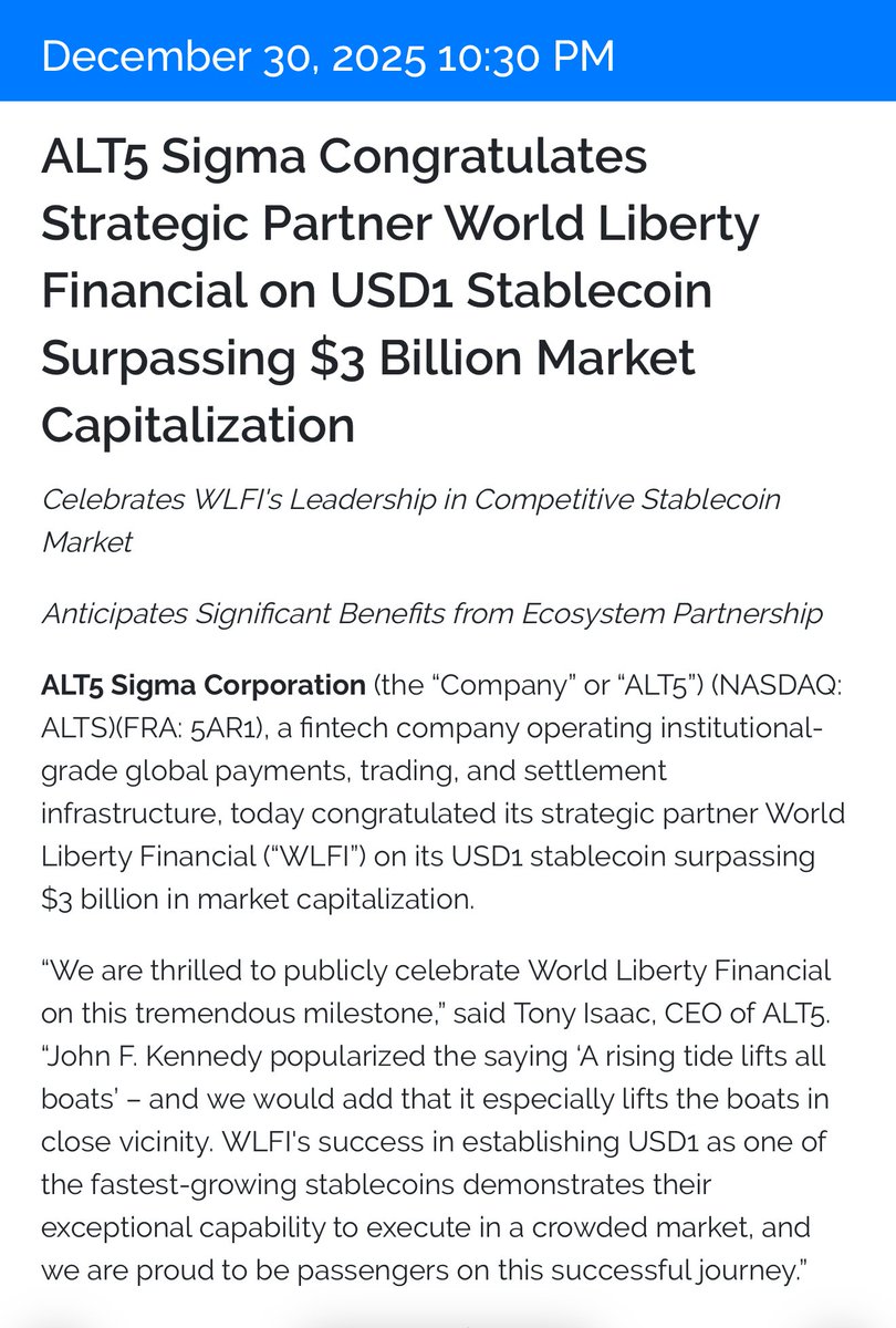 ALTS / $WLFI / #USD1 USD1 시가총액이 30억 달러를 돌파한 것을 공식 축하하는 Alt5 Sigma의 보도자료 내용  분석 1. “USD1 Stablecoin Surpassing $3 Billion Market Capitalization” USD1이  실험 단계가 아니라 실제 유통·사용