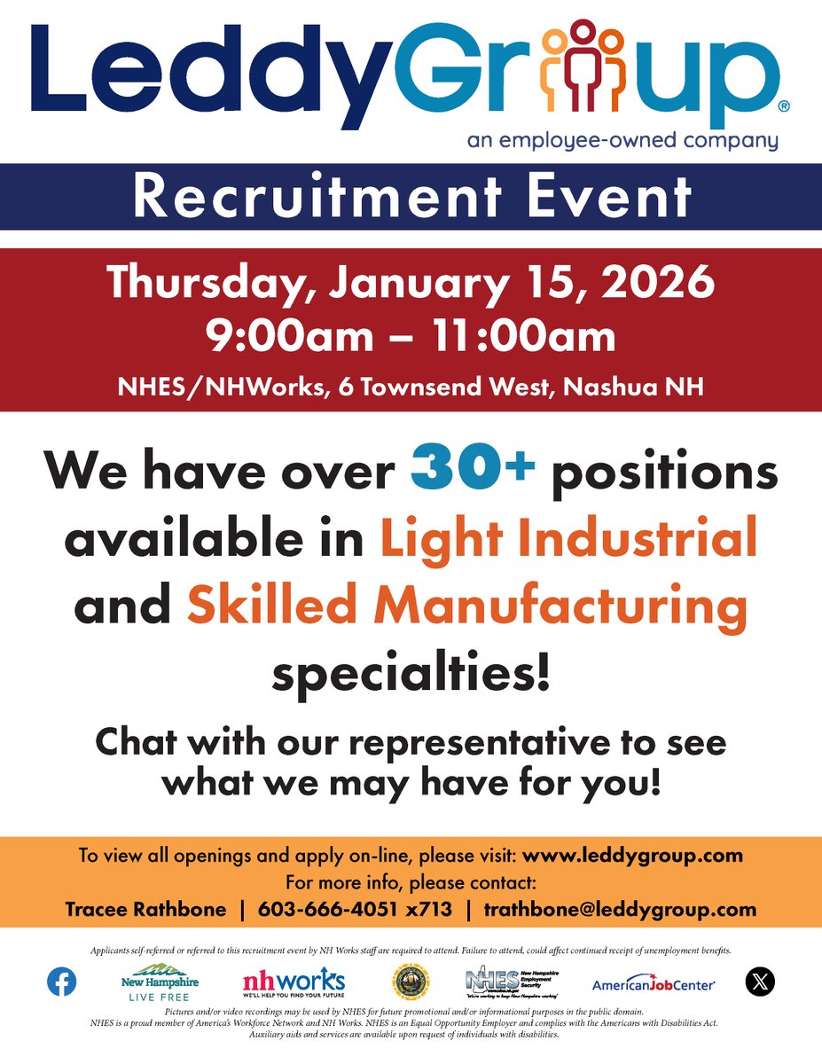 NHESWorking's tweet image. Leddy Group Recruitment Event
Thursday, January 15, 2026
9:00am - 11:00am

NHES/NHWorks
6 Townsend West
Nashua, NH 03063