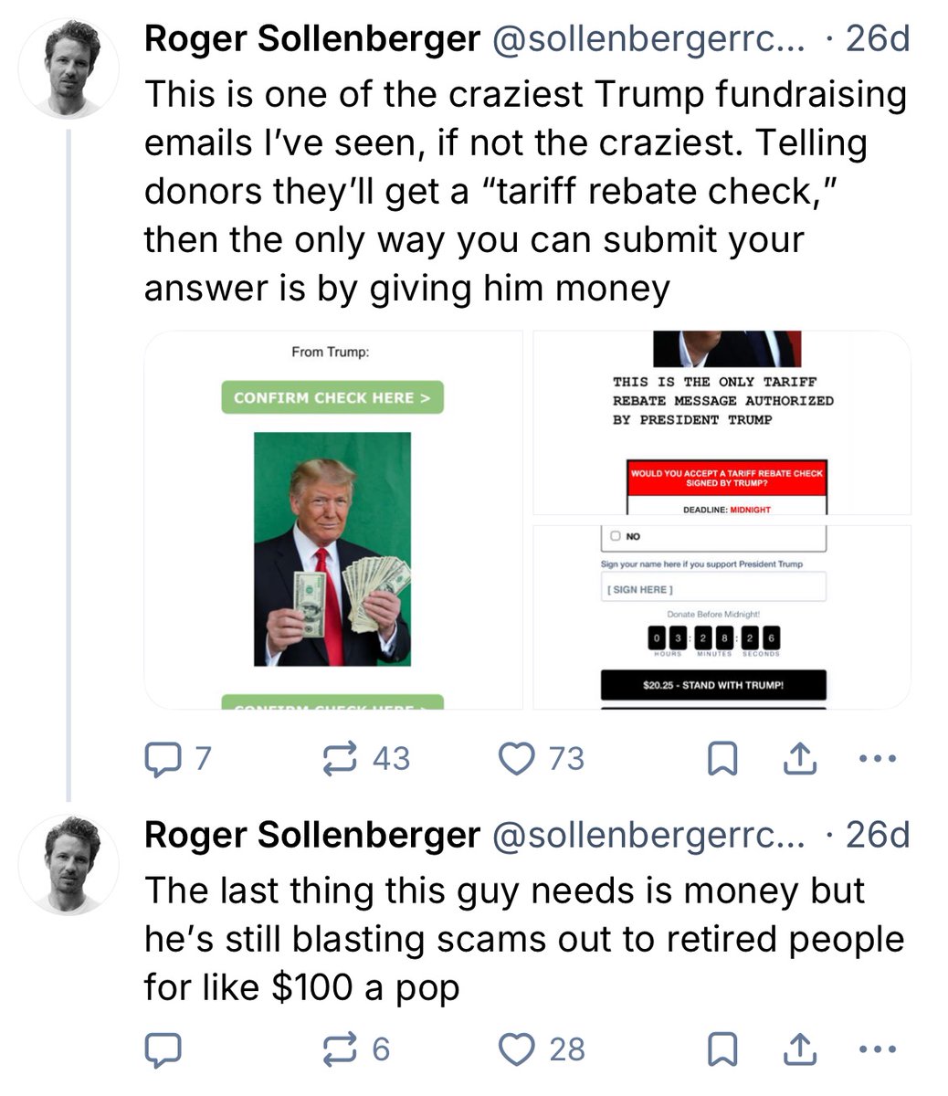 SollenbergerRC's tweet photo. I flagged this “tariff rebate” Trump email as one of the most brazenly scammy fundraising solicitations I’d ever seen. And as @EggerDC just found out with his own grandmother, people fall for them https://t.co/aRd5cTkCOI