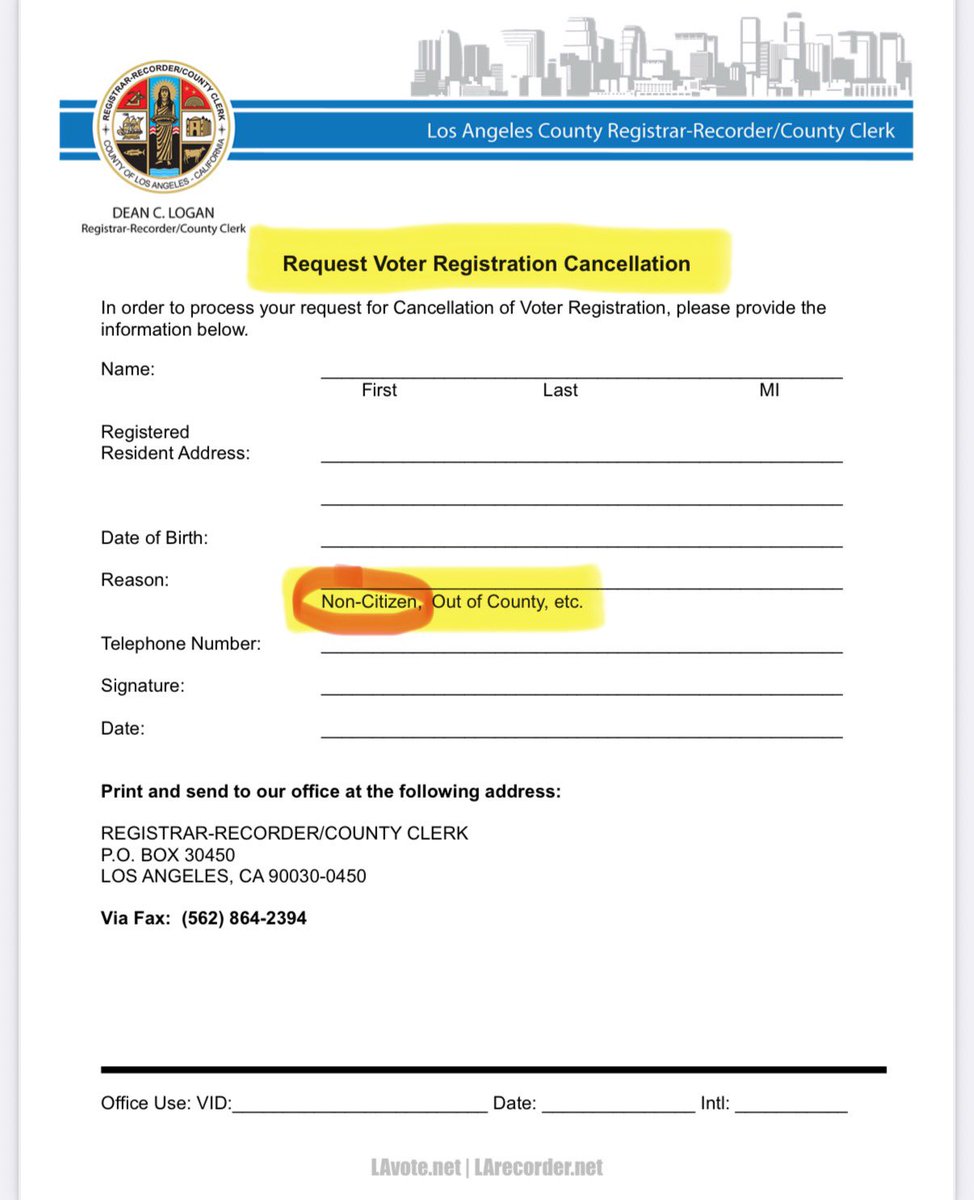 ScottPresler's tweet image. NON-CITIZEN VOTING IN CALIFORNIA 

In order to cancel your voter registration, you need to return a cancellation form to your county recorder. 

On the Los Angeles Voter Registration Cancellation form, 

it lists “Non-Citizen” as a reason. 

If illegal aliens are NOT voting in…