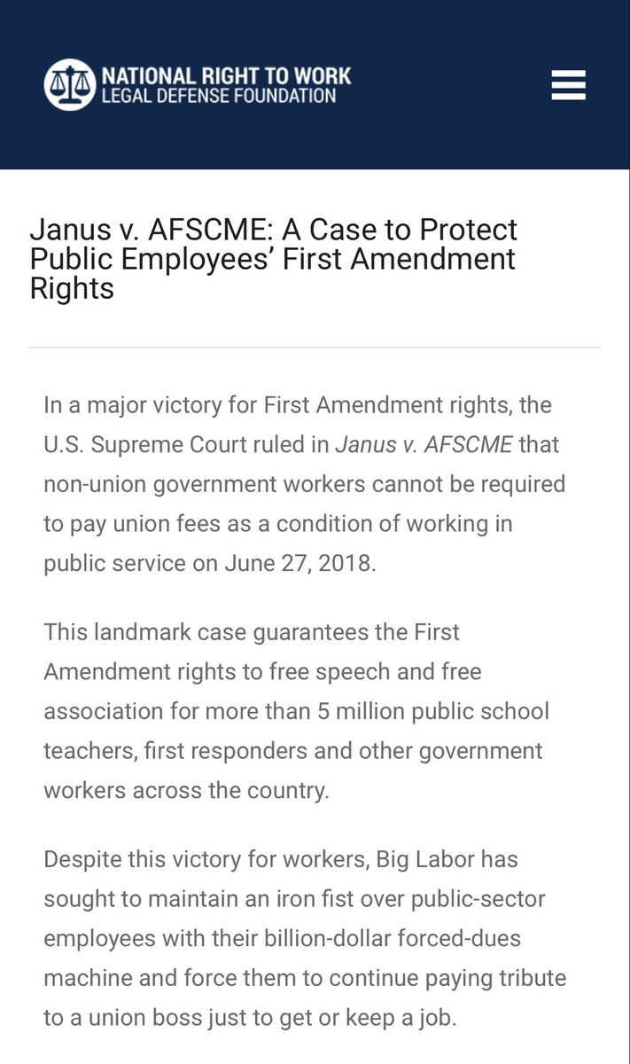 RightToWork's tweet photo. In a major victory for First Amendment rights, the U.S. Supreme Court ruled in Janus v. AFSCME that non-union government workers cannot be required to pay union fees as a condition of working in public service. https://t.co/64eY1DQIwy