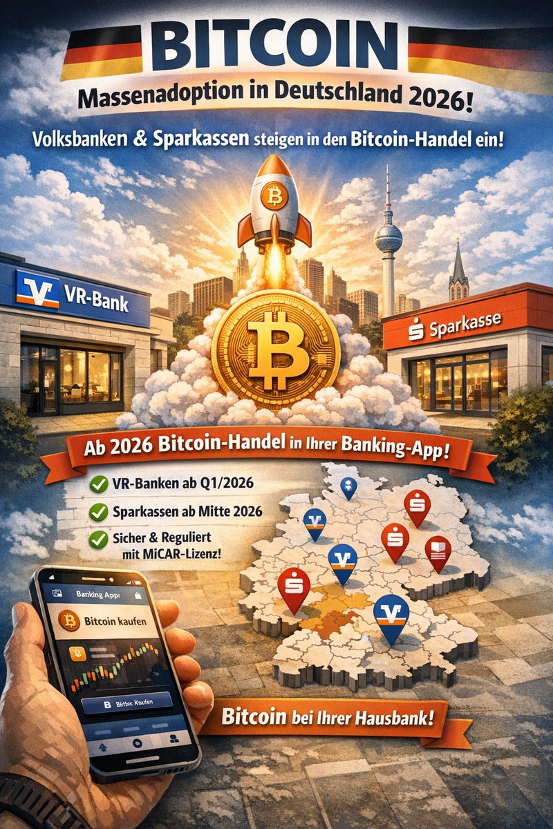 🚀 #Bitcoin: Start der Massenadoption in Deutschland 2026 In 2026 steigen  u.a. die Volksbanken & Sparkassen in Deutschland offiziell in den Bitcoin-Handel  ein! • VR-Banken: erste Institute bereits Q1/2026 live - Lösung