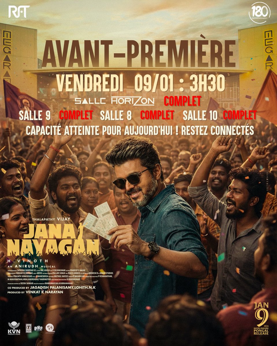 THALAPATHY VIJAY ERA \u003d UNSTOPPABLE 💥 🇫🇷 #JanaNayagan France Premiere  🇫🇷 5 shows announced today SOLD OUT within minutes.⚡ More shows are being  added as the rampage continues! 🚀, image size:960x1200