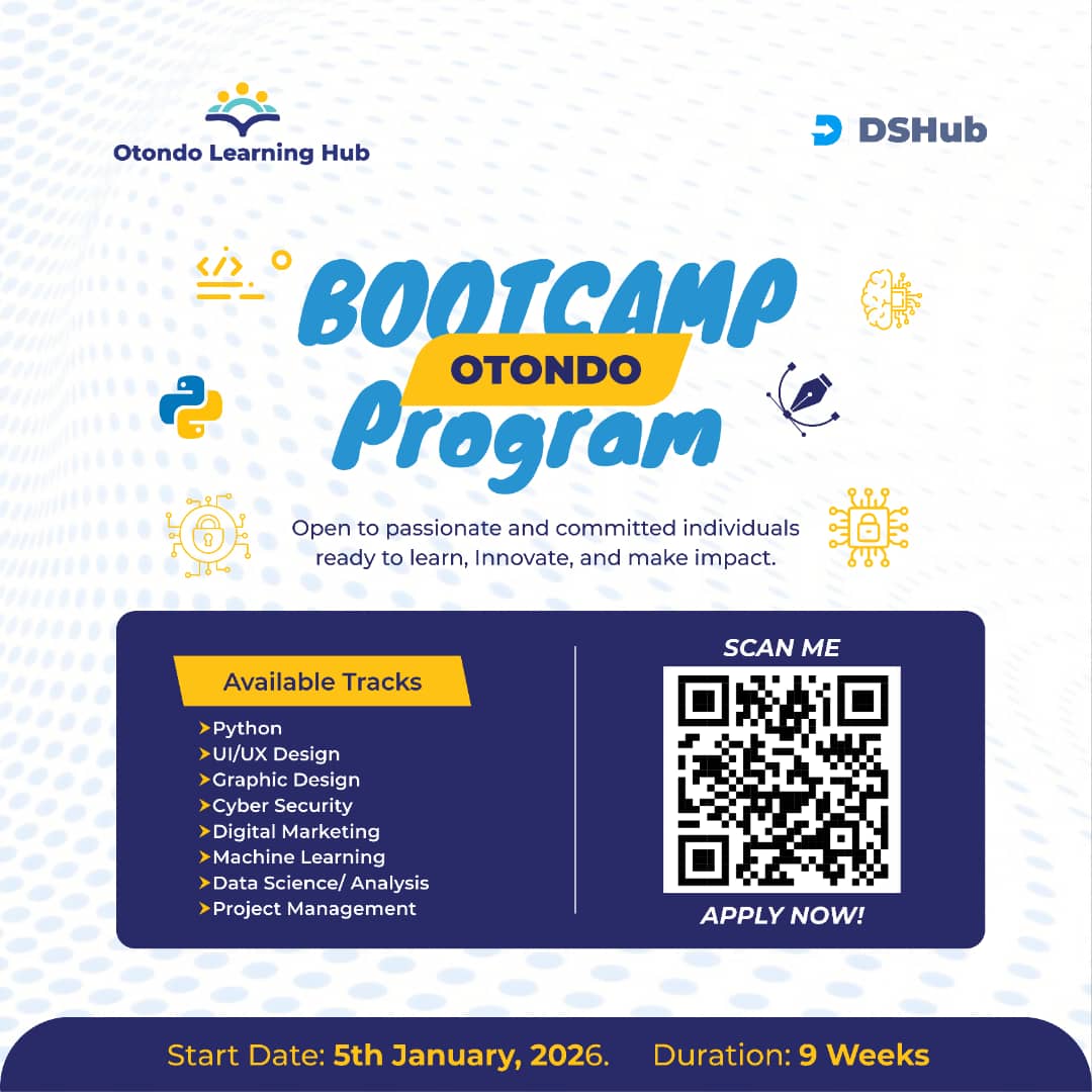 New seasons are for better decisions, not pressure or noise.
Just a choice to invest in yourself.

Otondo Bootcamp by DSHub offers guided tech learning with mentorship, structure, and real projects.

You don’t need to be ready. Just begin.

Applications are open

#LearnWithOtondo