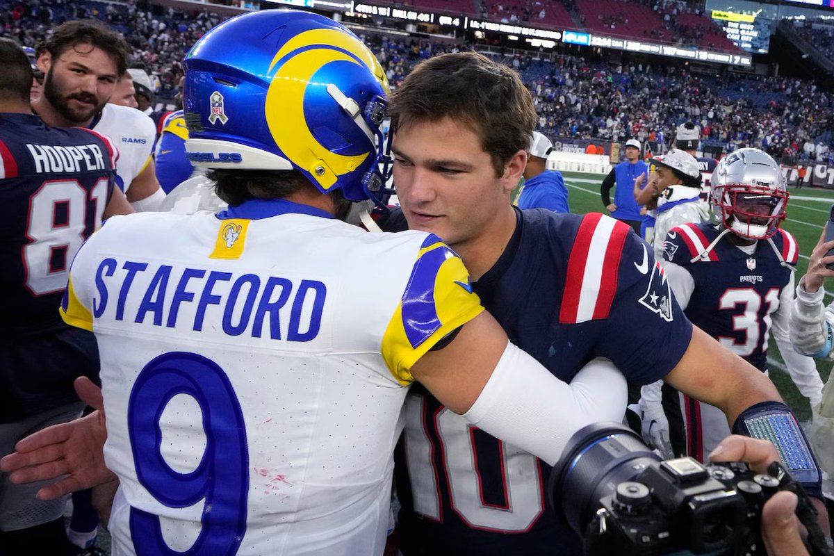 NickGuthre's tweet image. Drake Maye and Matthew Stafford vs. the field this season (NOT: CAR, NO, TEN, TB, BAL, ATL):

Maye: 
Record: 7-3
Teams played combined record: 45-83
Passing Yards: 2,608
Passing TD: 17
Interceptions: 5
Top 6 defenses in EPA: 1
Bottom 6 defenses in EPA: 3

Stafford: 
Record: 7-3…