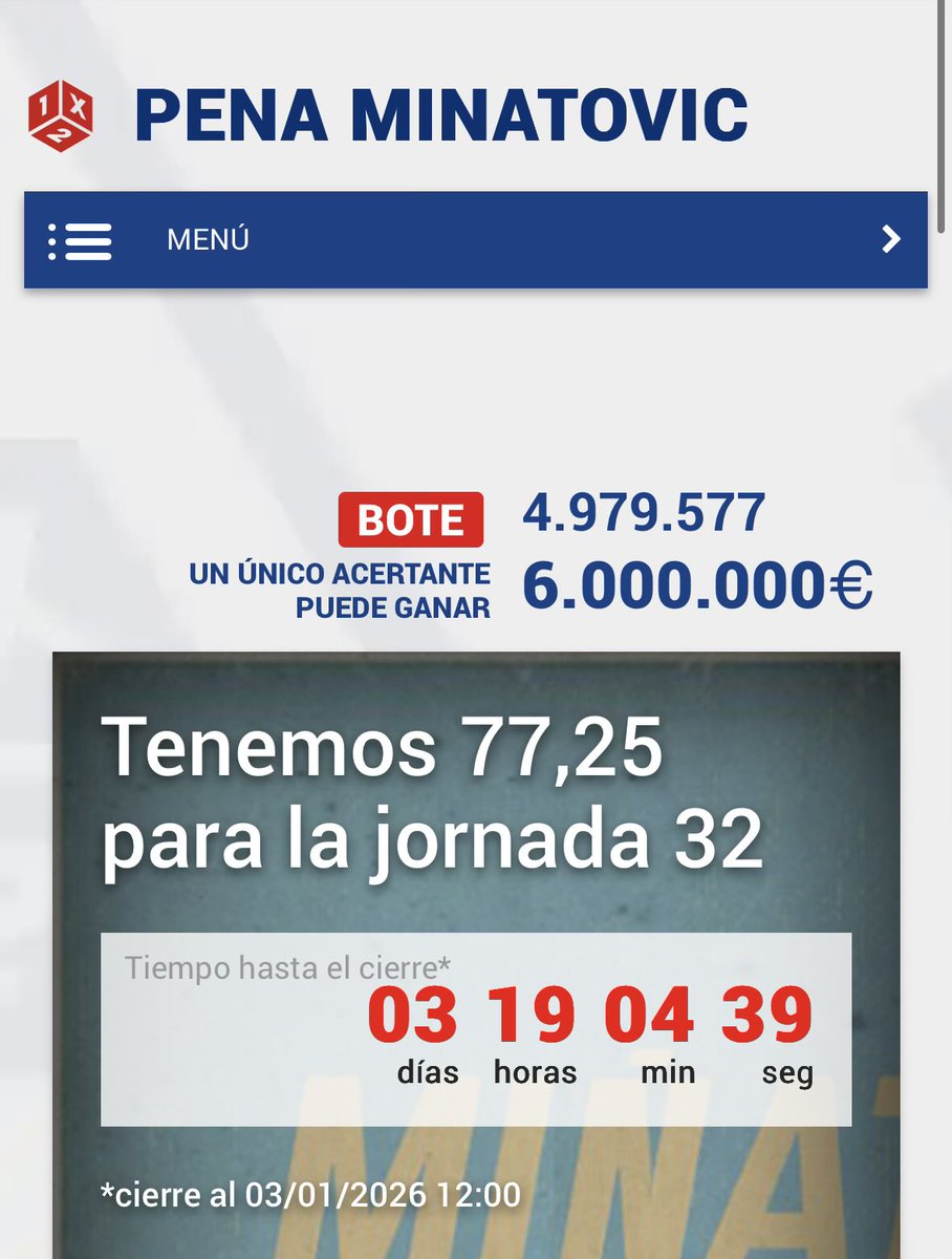 JORNADA 32 #LaQuiniela 

6.000.000€ BOTE

Nunca un #bote tan grande para perder con nosotros.

Juega desde 1.5€ hasta 6€ con nosotros.

Y si esta si?

eduardolosilla.es/quiniela/dnp1x…